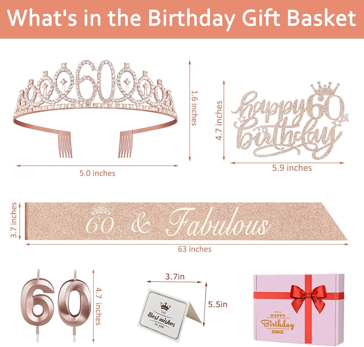 60th Birthday Decorations for Woman, Including 60th Birthday Sash and Crown, Cake Topper and Candles, 60 Year Old Gifts for Women